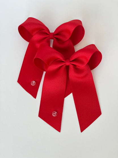 Red pigtail hair bows, set of two long tail hair bows 